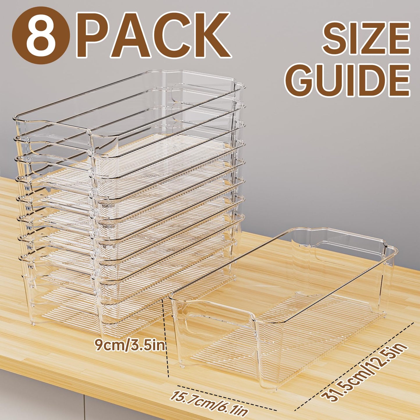 8-Pack Clear Plastic Fridge Organizer Bins