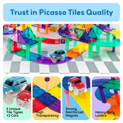 PicassoTiles 50 Piece Race Car Track Building Block Educational Toy Set Magnetic Tiles Magnet DIY Playset 2 Light Up STEM Learning Construction Kit Hand-Eye Coordination Fine Motor Skill Training