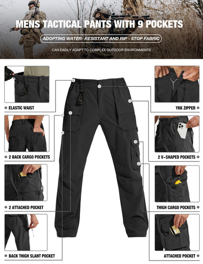 MOURCE Plus Size Cargo Pants for Men - Relaxed Fit Waterproof Mens Work Tactical Pants with Pockets, Black 32L