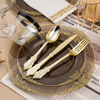 Bestluck 350PCS Clear Black Plastic Plates for 50 Guests, Disposable Plates with Gold Trim include 50 Dinner plates, 50 Dessert Plates, 150 Gold Silverware, 50 Cups, 50 Napkins for Wedding & Party