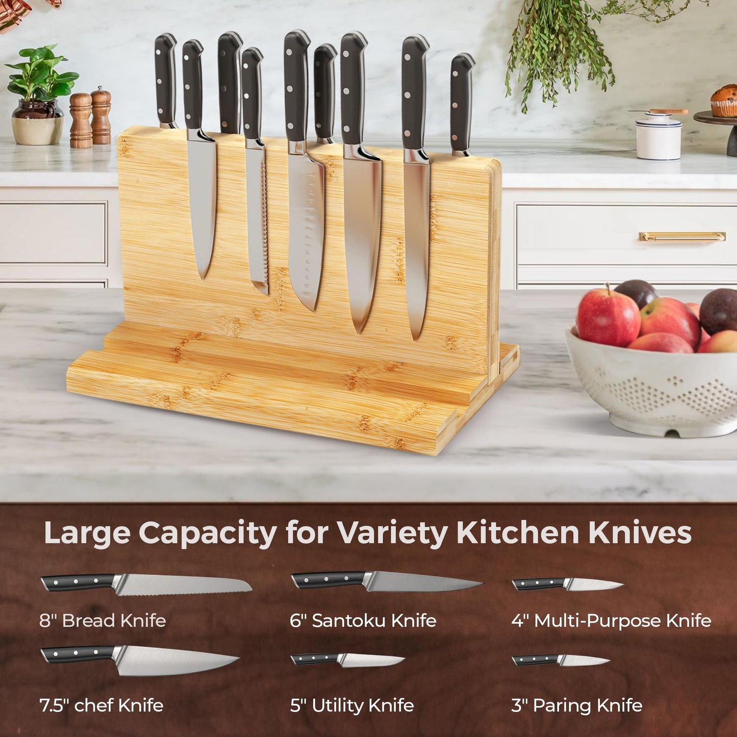 Magnetic Knife Block for up to 16 x 9″ Knives - Powerful Double-Sided Bamboo Magnetic Knife Holder with Cutting Board with Knife Sharpener, Easy-Access Kitchen Knife Storage - Supplied Without Knives
