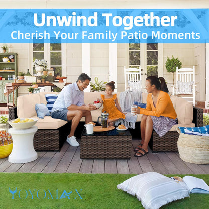 yoyomax 7-Piece Outdoor Patio Furniture, All-Weather Sectional PE Rattan Manual Weaving Wicker Glass Table&Cushion, 7PCS Conversation Sofa Set, Light Brown