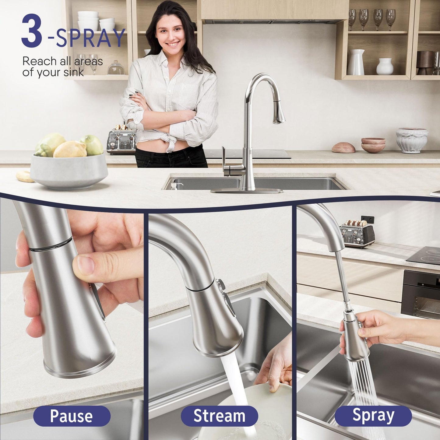 ARRISEA Pull Down ktichen Faucet, Stainless Steel, RV Faucets, Kitchen Sink Faucet with 10'' Deck Plate,Brushed Nickel Single Handle Laundry Sink Faucet with Three Modes Sprayer, Farmhouse Tap