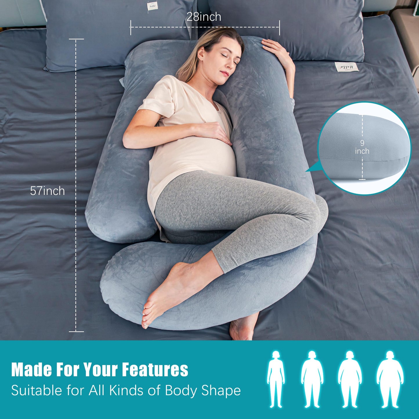 Cute Castle Pregnancy Pillows, Soft U-Shape Maternity Pillow with Removable Cover - Full Body Pillows for Adults Sleeping - Pregnancy Must Haves - Jumbo 57 Inch - Grey