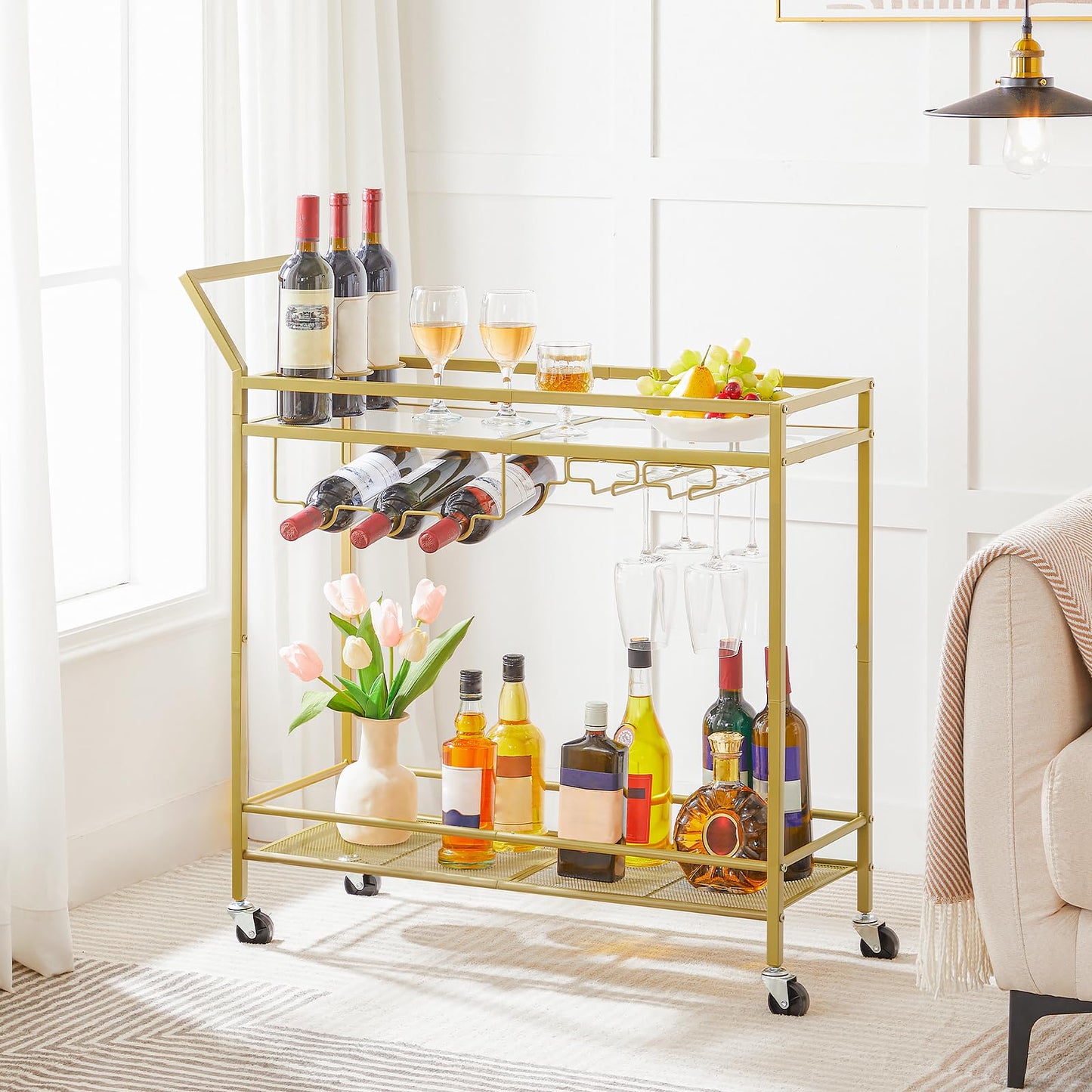 HOOBRO 2-Tier Bar Cart with Wine Rack