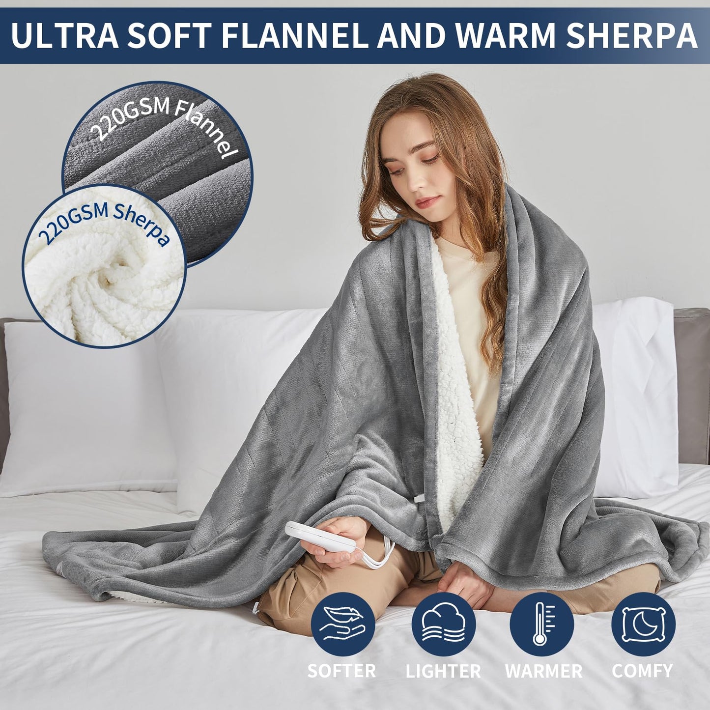 Heated Electric Blanket Blanket - Electric Throw Blanket 62"x84" for Bed- Heated Blanket with 5 Heating Levels& 4 Hours Auto off for Couch Home Office - Soft Fleece Heating Blanket for Full Body(Grey)