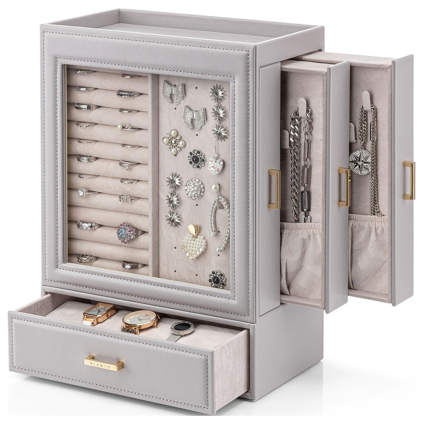 Vlando Large Jewelry Organizer with Glass Window Jewelry Box for Necklaces Earrings Rings Bracelets Watches Jewelry Storage Case Mothers Day Gift for Mom Wife Women Girls (Grey)