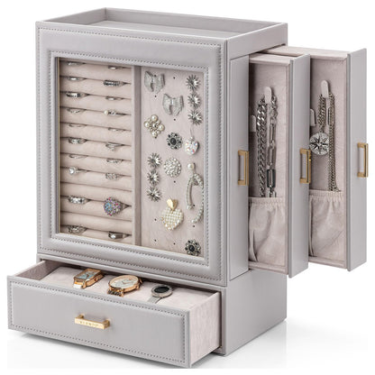 Vlando Large Jewelry Organizer with Glass Window Jewelry Box for Necklaces Earrings Rings Bracelets Watches Jewelry Storage Case Mothers Day Gift for Mom Wife Women Girls (Grey)