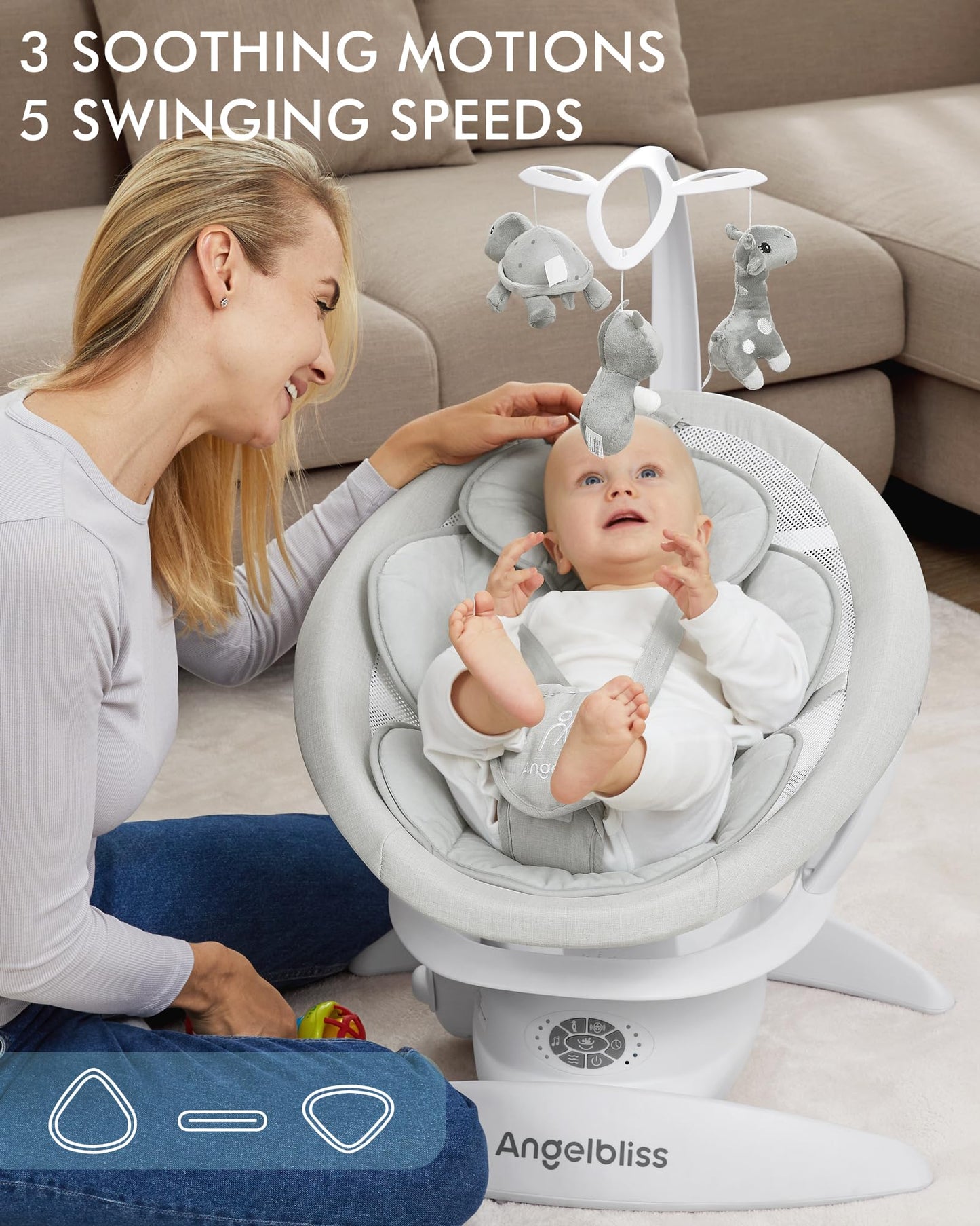 Angelbliss 3 in 1 Baby Swing with Motion Detection, Portable Baby Swings for Infants with Removable Rocker & Stationary Seat, Bluetooth Enabled with 3 Unique Motions (White)