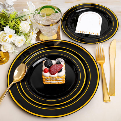 600PCS Black & Gold Disposable Dinnerware Set