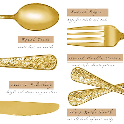Runfly Vintage Carved Gold Stainless Steel 20 Pieces Flatware Set, Golden Silverware Set, Modern Embossed Cutlery Set Utensils Including Fork Spoon and Knife