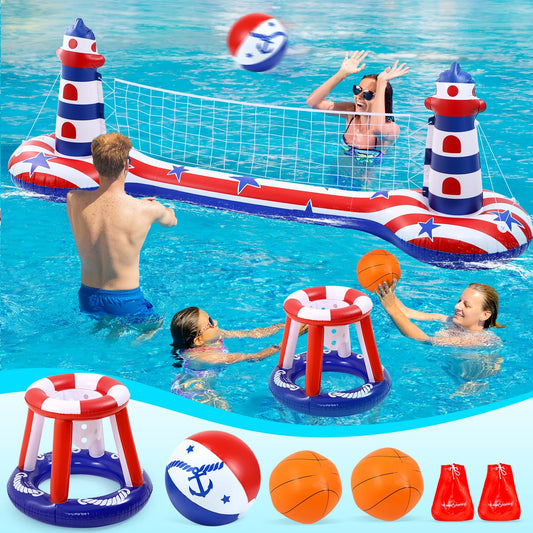 Inflatable Pool Float Set with Volleyball & Basketball