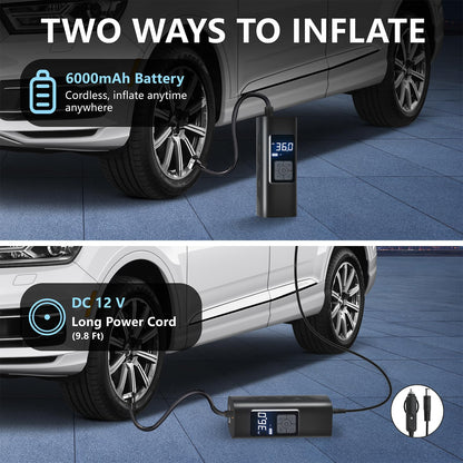Tire Inflator Portable Air Compressor, 6000mAh & 12v Portable Air Pump Accurate Pressure LCD Display, Car tire air Pump 3X Fast Inflation Air Compressor for Car,Motorcycle etc