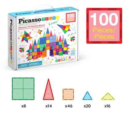 PicassoTiles 100 Piece Magnetic Playboards Tiles Set Magnet Toys for Toddlers STEM Building Blocks Sensory Creative Kids Manipulative Preschool Learning Construction Toy Ages 3+ Boys Girls - PT100