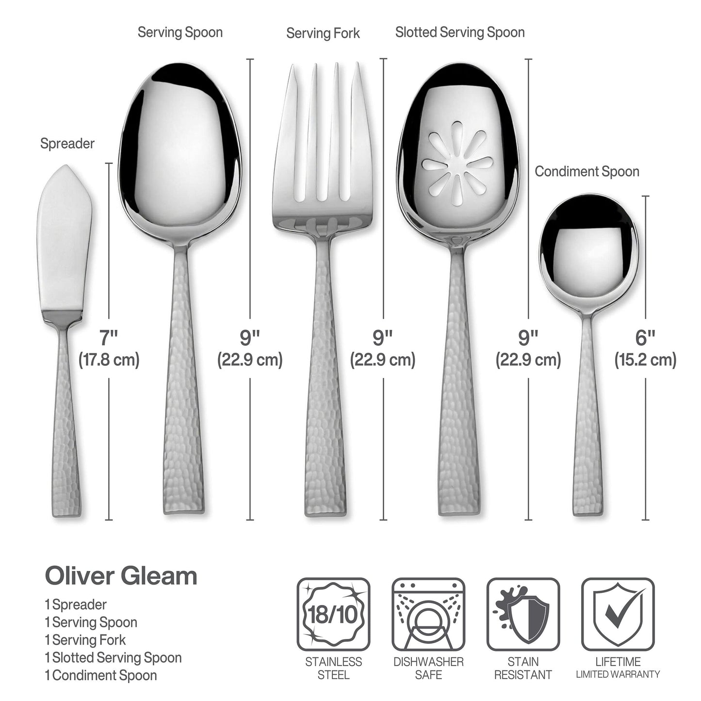 Mikasa Oliver Gleam Silverware, 18/10 Stainless Steel Cutlery 12, Inlcludes 5 Serving Untensils, 65 Piece Set, Silver