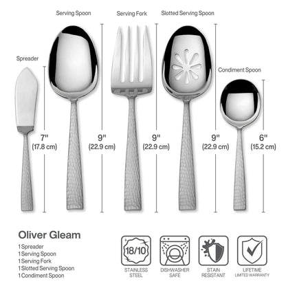 Mikasa Oliver Gleam Silverware, 18/10 Stainless Steel Cutlery 12, Inlcludes 5 Serving Untensils, 65 Piece Set, Silver