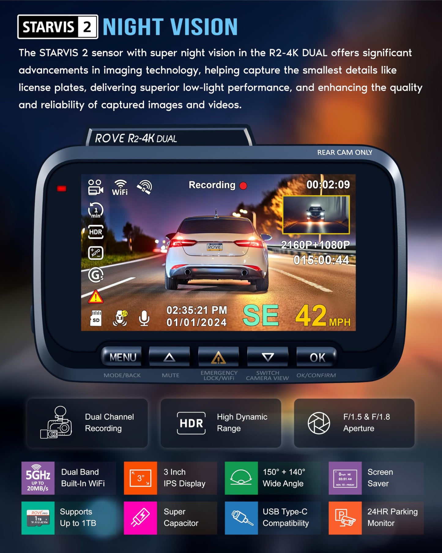 ROVE 4K Dual Dash Cam with 128GB Card