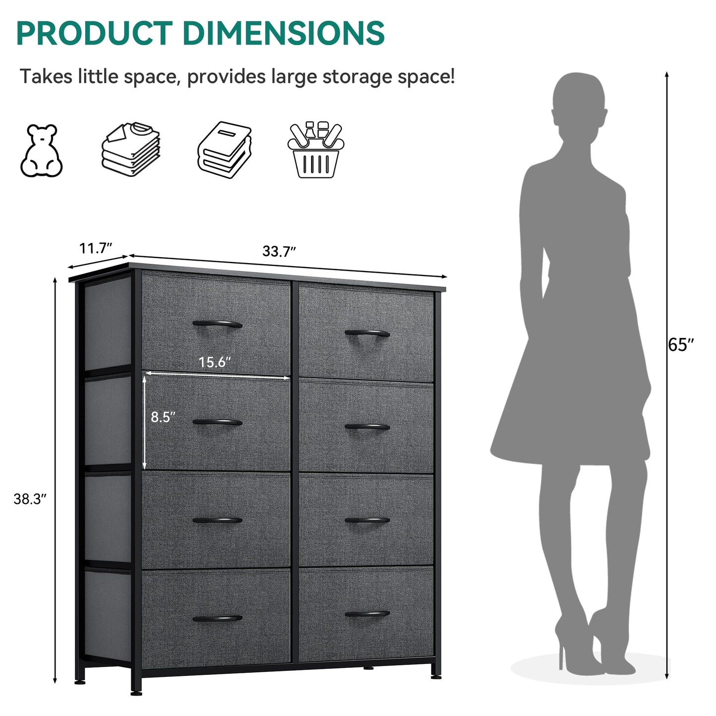 YITAHOME Fabric Dresser, Tall Storage Dresser with 8 Drawers, Black Dresser & Chest of Drawers, Storage Drawer Organizer for Closet, Living Room