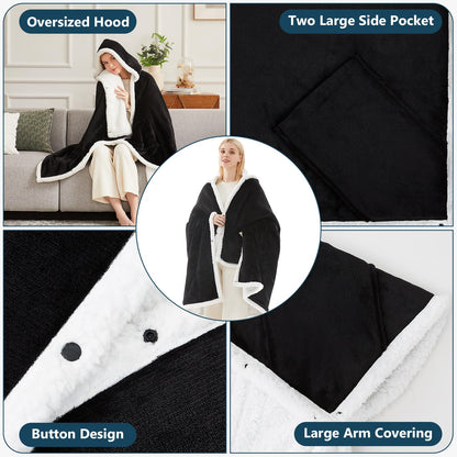 PLOATH Heated Electric Blanket Shawl: Heating Blanket Heated Throw Blanket Heated Poncho - Wearable Blanket Hoodie Wrap Sherpa with 10 Heating Levels & Multi Heating Time Settings (40x70'' Black)