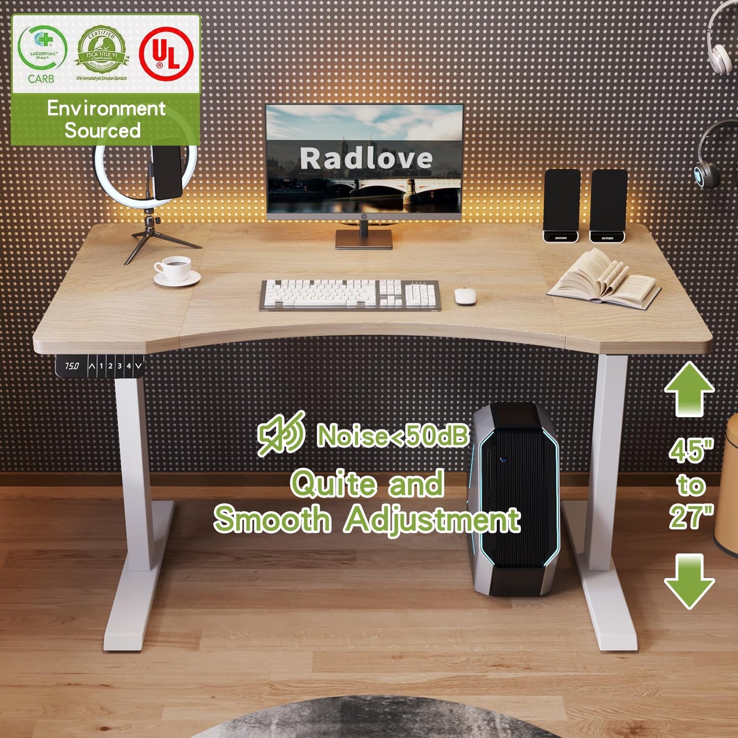 Radlove Dual Motors Height Adjustable 55 x 30'' Electric Standing Desk with Curved Design Stand Up Table 4 Memory Keys, Computer Desk with Splice Board Home Office Desk, Oak Top + White Frame