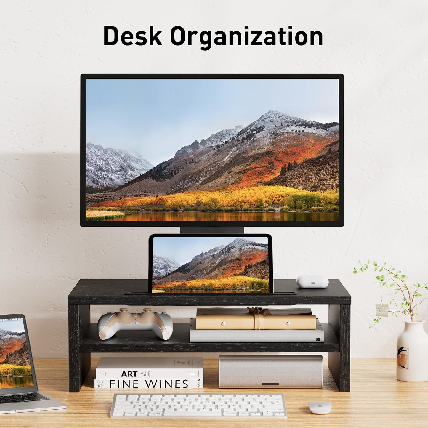 LORYERGO Monitor Stand - Monitor Riser 16.5 inch, 2 Tier Computer Stand, Monitor Stand Riser w/Cellphone Holder & Storage Space, Desk Stand for Laptop, Printer, PC, for Home & Office