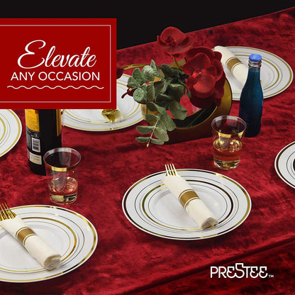 Prestee 350 Piece Disposible Dinnerware Set for 50 Guests - Gold - Reusable Party Supplies Set incl. 50 Big Dinner Plates, 50 Small Salad Plates, 50 Knives, 50 Forks, 50 Spoons, 50 Cups and 50 Napkins