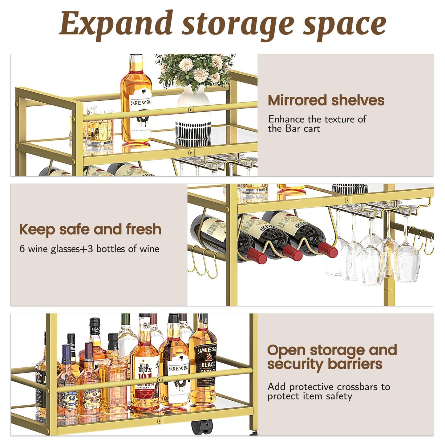 Gold Rolling Beverage Cart with Mirrored Shelves