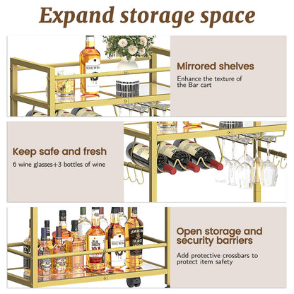 Gold Rolling Beverage Cart with Mirrored Shelves
