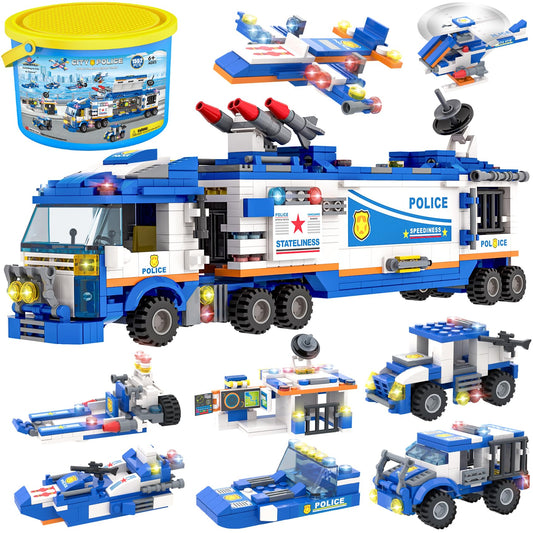 WishaLife City Police Mobile Command Center Truck Toy Building Block Set, with 3 Police Car Toy, Airplane Toy, Boat Toys, Helicopter Toy, Fun Police Toys Gift for Kids, Boys, Girls Age 6 Plus