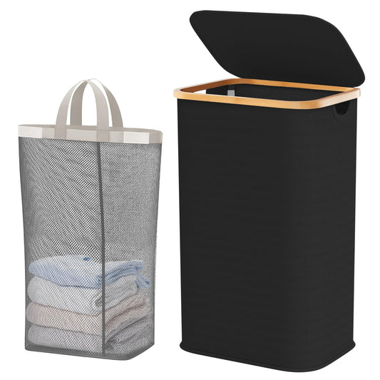 109L Laundry Hamper with Lid, Waterproof Large Laundry Basket with Lid and Removable Bag, Collapsible Tall Clothes Hamper with Bamboo Handles for Clothes Toys in Dorm Bedroom Bathroom, Black