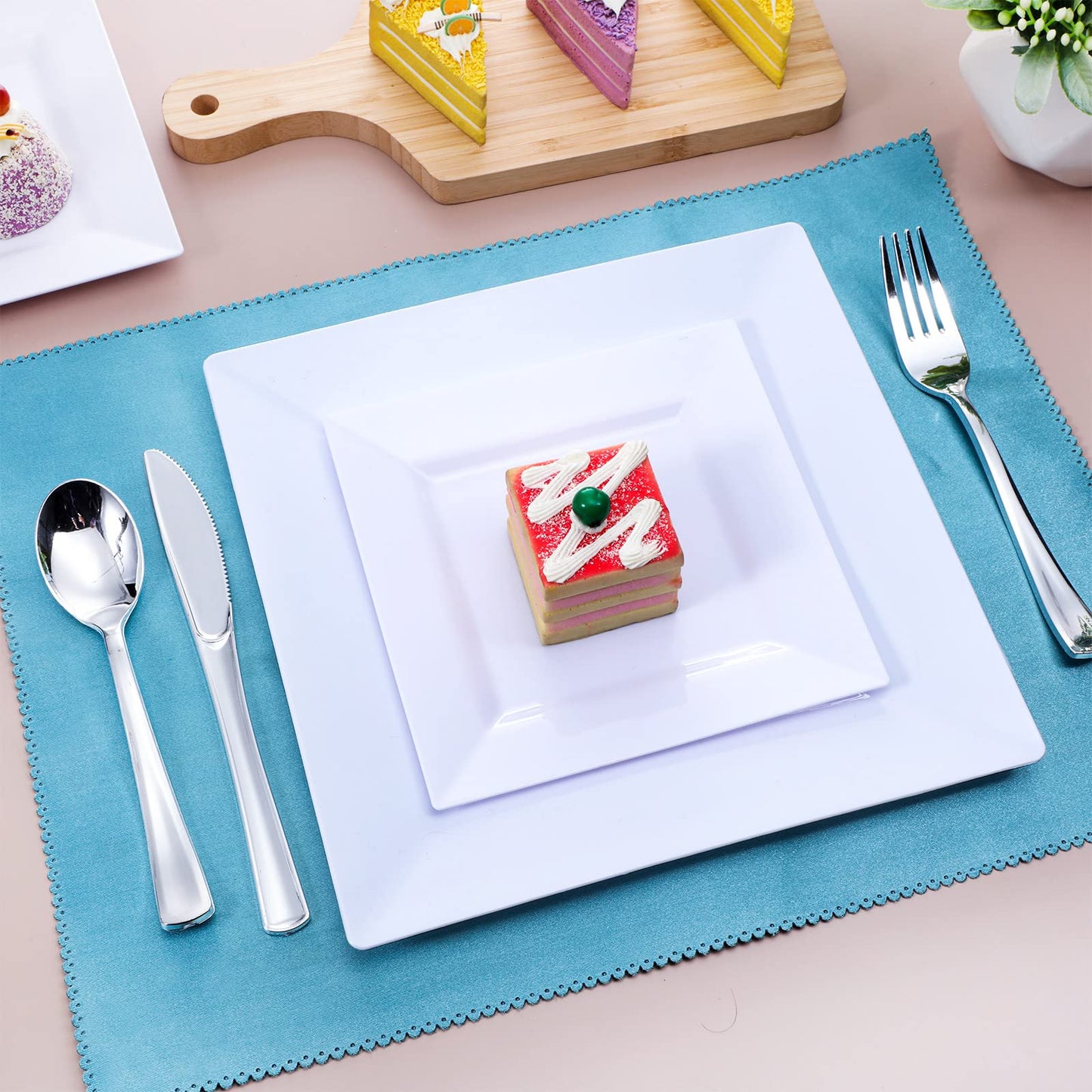 UPDATE: DEAD! 300 Pieces Square Plastic Dinner Plates Bulk White Plastic Dinnerware Set Include 60 Dinner Plates 60 Dessert Plates 60 Forks 60 Spoons 60 Knives Disposable Plates Set for Parties Wedding Picnics