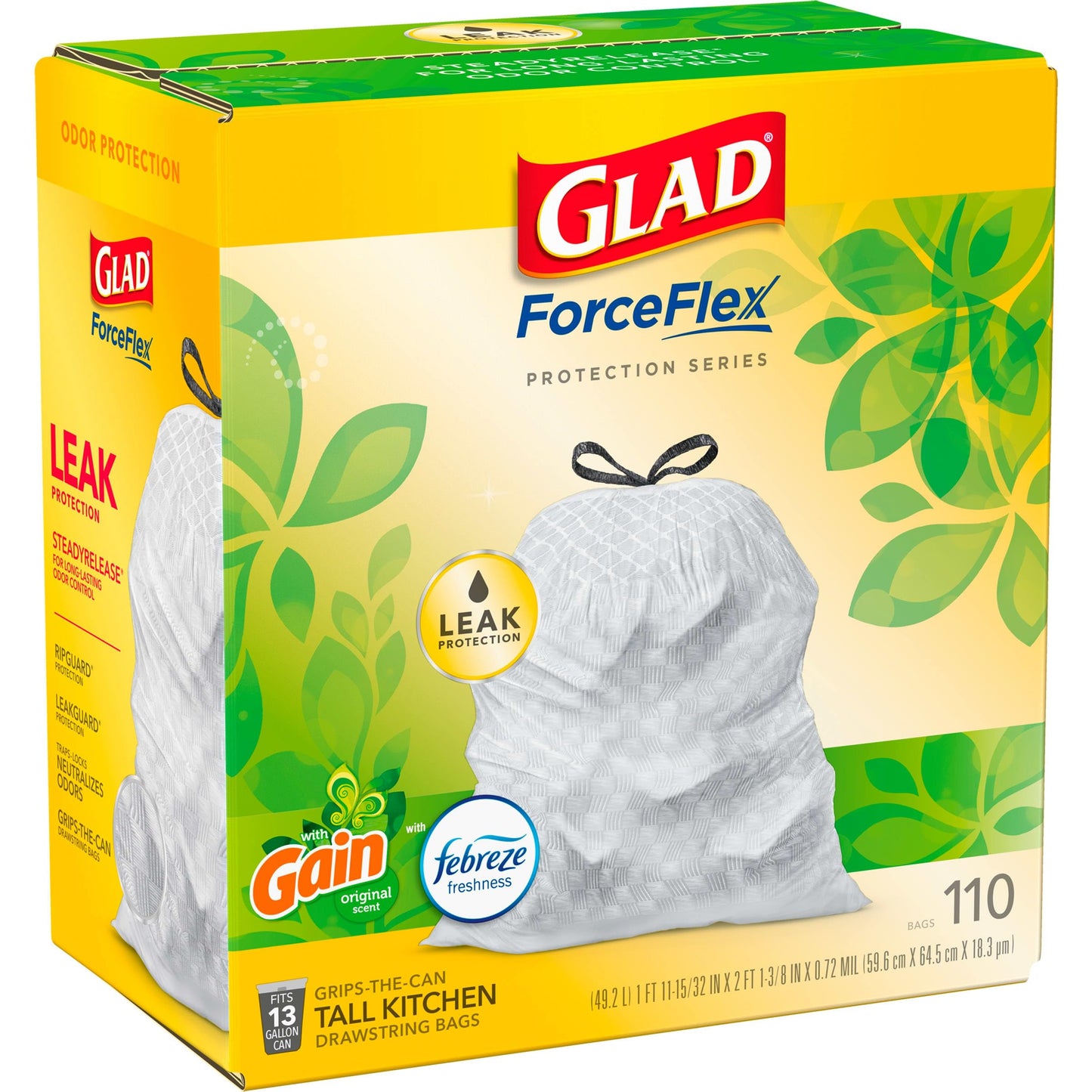 GLAD ForceFlex Tall Kitchen Drawstring Trash Bags, 13 Gallon White Trash Bag for Kitchen Trash Can, Gain Original Scent, Odor Shield, Odor Eliminator, Leak Protection, 110 Count