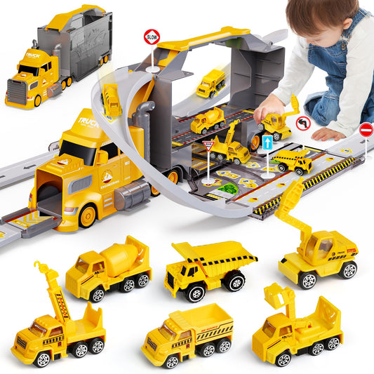 Carsky Truck Toy Cars for Toddlers Race Track Playset, 7in1 Construction Truck Toys in Transport Car Carrier, Cars Toys Gift for Age 2 3 4 5 Years Old Boys Kids