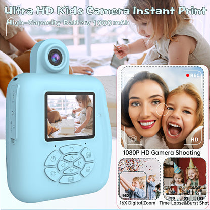 Kids Camera Instant Print - Instant Print Camera for Kids, Inkless Camera Instant Print, Kids Toddler Digital Video Cameras Kids Toys Christmas Birthday Gifts for Girls Boys (Blue)
