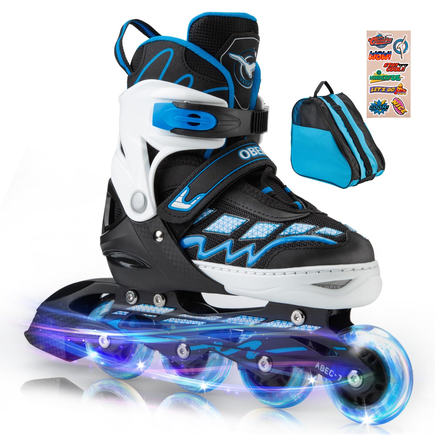 OBENSKY Inline Skates for Kids Ages 5-8, Adjustable Inline Skates for Boys and Girls 8-12 with Light Up Wheels, Outdoor Roller Skates for Beginners Children Teens with Free Skate Bag - Large,Blue