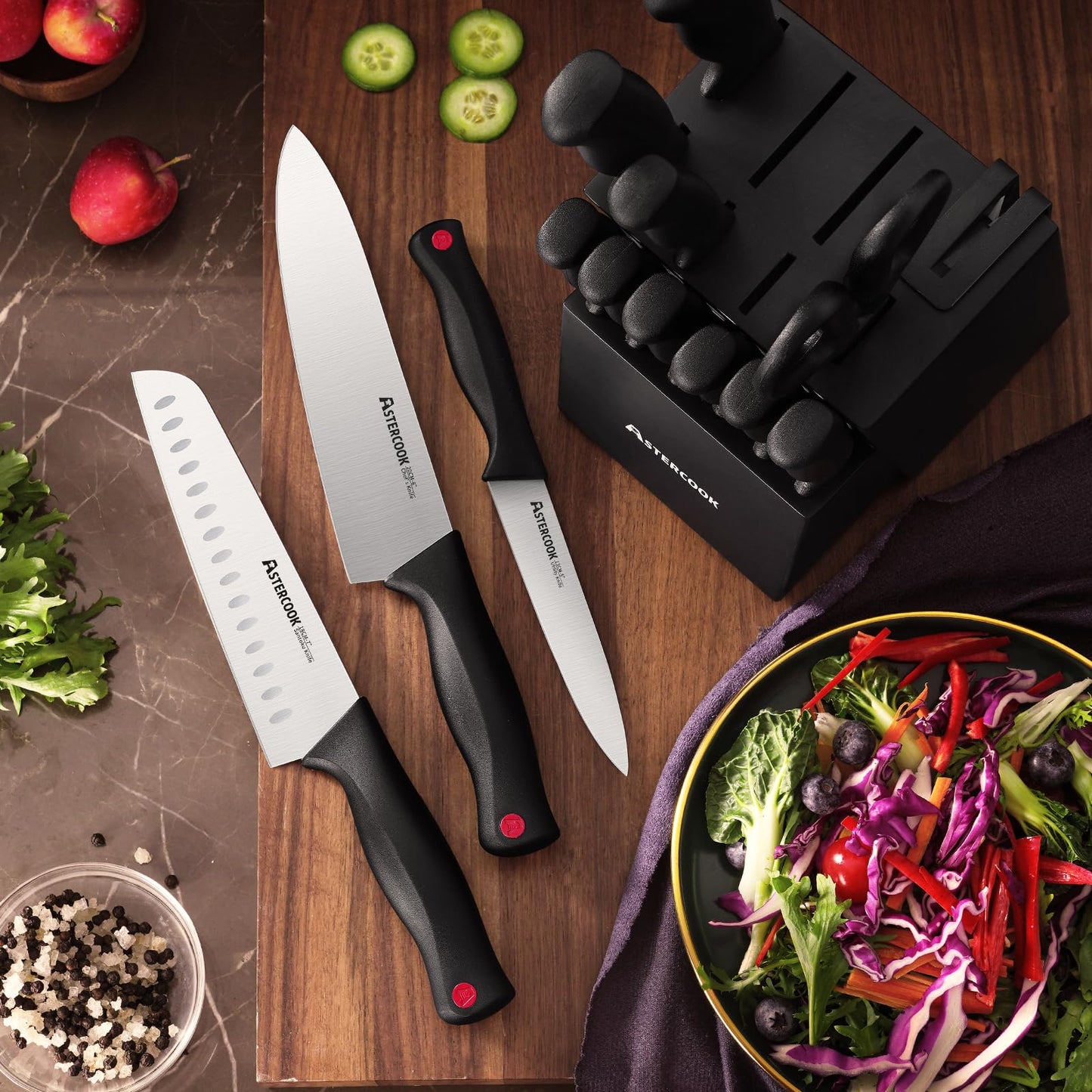 Astercook Kitchen Knife Set, 15 Pieces knives Set with Built-in Sharpener, High Carbon German Stainless Steel Chef Knife Block Sets, Sharp & Rust Resistant Dishwasher Safe Black