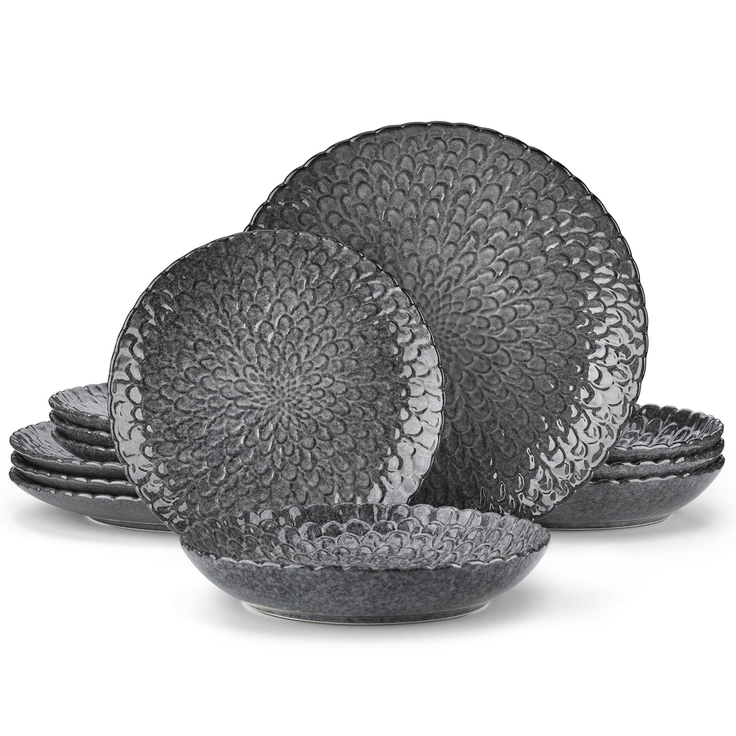 vancasso Dinnerware Sets Gray Reactive Glaze Crockery Set, 12-Piece Stoneware Plates and Bowls Set with Dinner Plate, Dessert Plate and Pasta Bowl Chrysanthemum Embossed, Service for 4