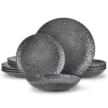 vancasso Dinnerware Sets Gray Reactive Glaze Crockery Set, 12-Piece Stoneware Plates and Bowls Set with Dinner Plate, Dessert Plate and Pasta Bowl Chrysanthemum Embossed, Service for 4