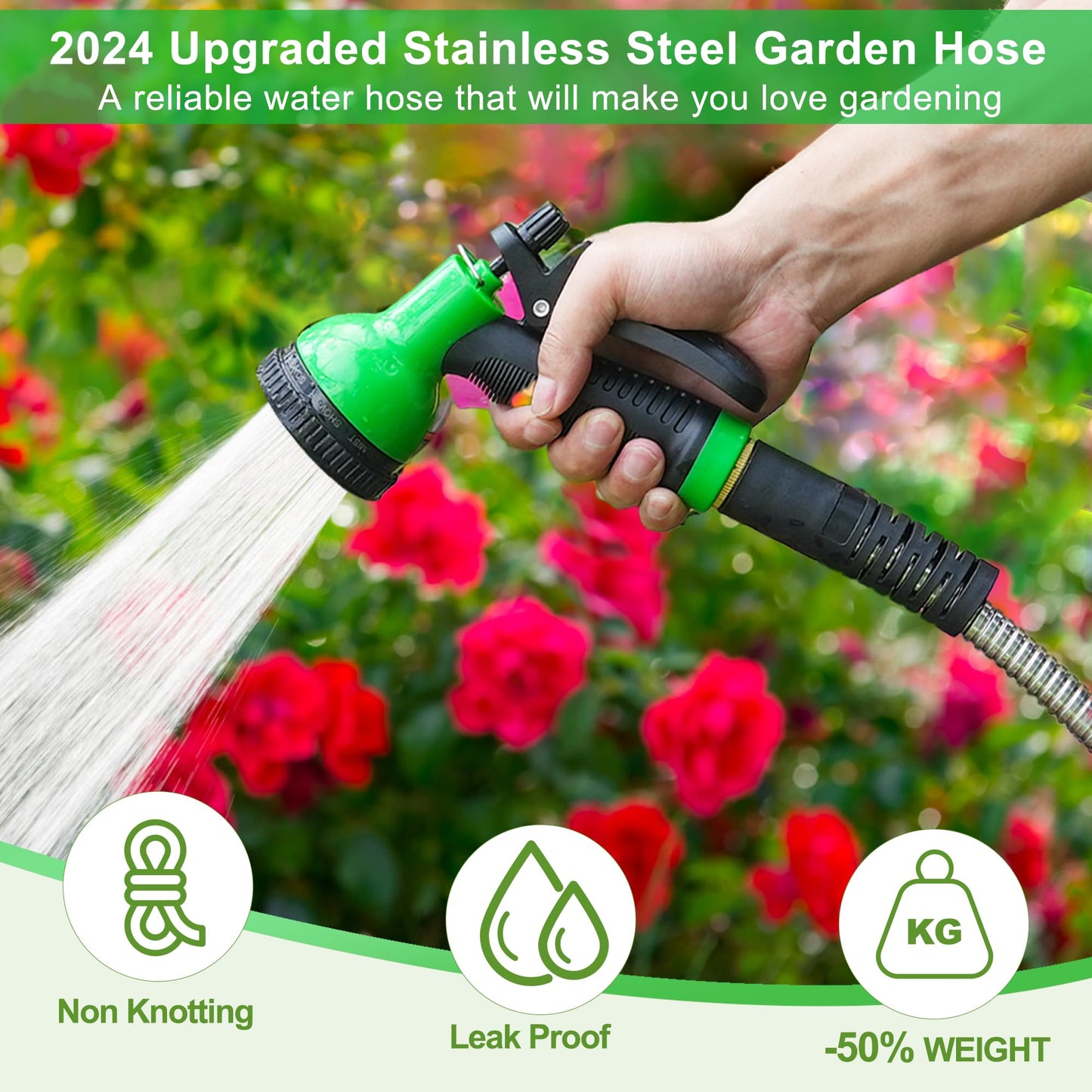 EONFAY 50ft Stainless Steel Garden Hose with Nozzle