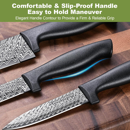 Gourmetop 3 Pcs Kitchen Knife Set with Cover, Black Knives Set for Kitchen Stainless Steel, Damascus Pattern Chef Knife set with Sheath, Sharp Cutting Knives for Cooking