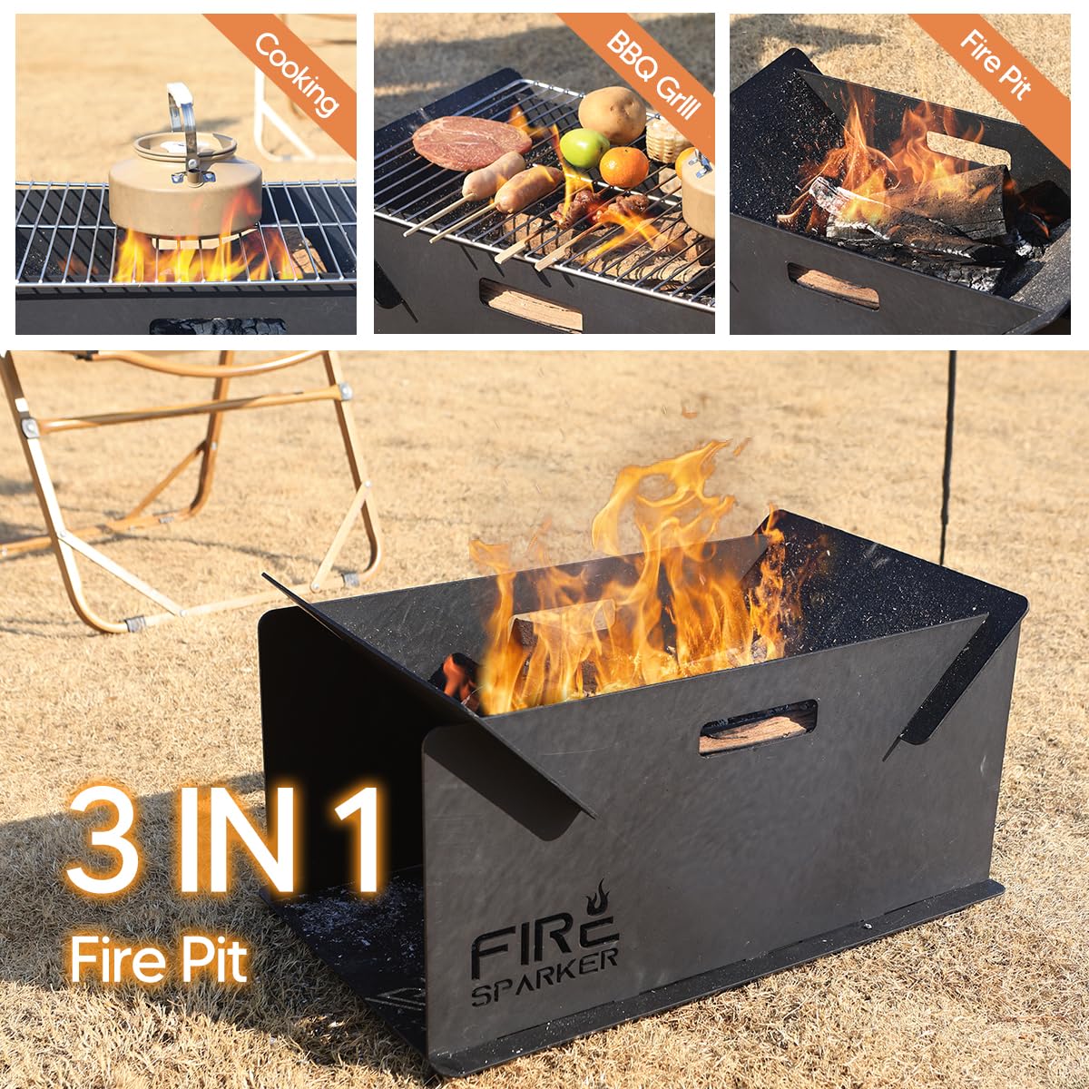 Small Rectangle Portable Fire Pit, 23.6'' Wood Burning Firepit Stove, Heavy Duty Cast Iron Patio Fire Pit, Garden Fireplace for Camping, Outdoor Heating, BBQ and Picnic, Black