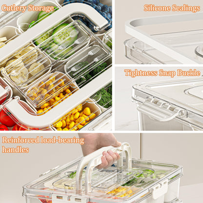 Spaclear Snack Serving Tray with Cutlery Storage, Divided Serving Tray with Lid and Handle-Portable Snackle Box Container Fruit,Veggie Tray (8 Forks, 2 Scoop)