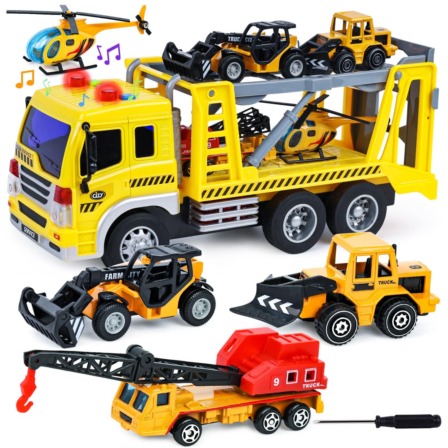 LovesTown 5PCS Construction Truck Toy Set, Large Truck with Lights and Sounds and Small Die-cast Engineering Trucks Helicopter Set for Kids Birthday Present