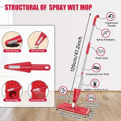 Spray Wet Mop for Hardwood Floor Cleaning, EXEGO Microfiber Dry Dust Spray Mop with Washable Pads fit for Swiffer Power Mop, Wet Mop with Jet Sprayer for Wood Laminate Ceramic Tiles Home Commercial