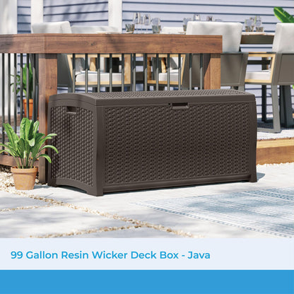 Suncast DBW9200 99 Gallon Outdoor Wicker Plastic Patio Storage Chest Bin with Handles for Patio, Garden, Garage, or Pool for All Weather, Mocha