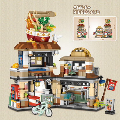 QLT QIAOLETONG Street View Noodle Shop Mini Building Blocks, MOC Creative Building Toys Model Set for Girls 7-9 Years Old, 870 PCS Simulation Architecture Construction Toy, Gift Idea for Kids Adults