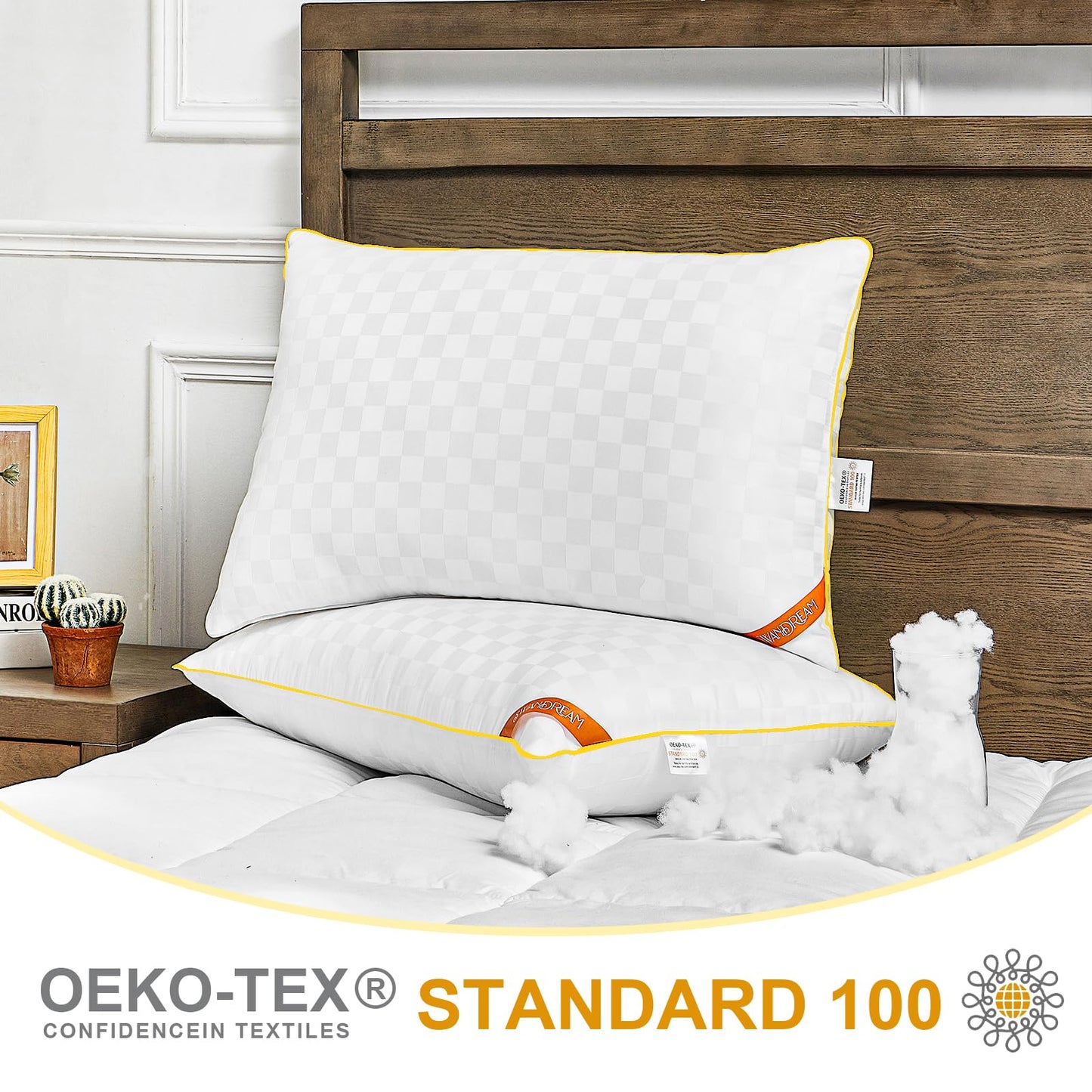 Swandream Standard Size Pillows Set of 2, Soft and Skin Friendly Down Alternative Pillow for Sleeping, Cooling Breathable Pillow for Back, Stomach or Side Sleepers, Golden, 20 * 26 Inches