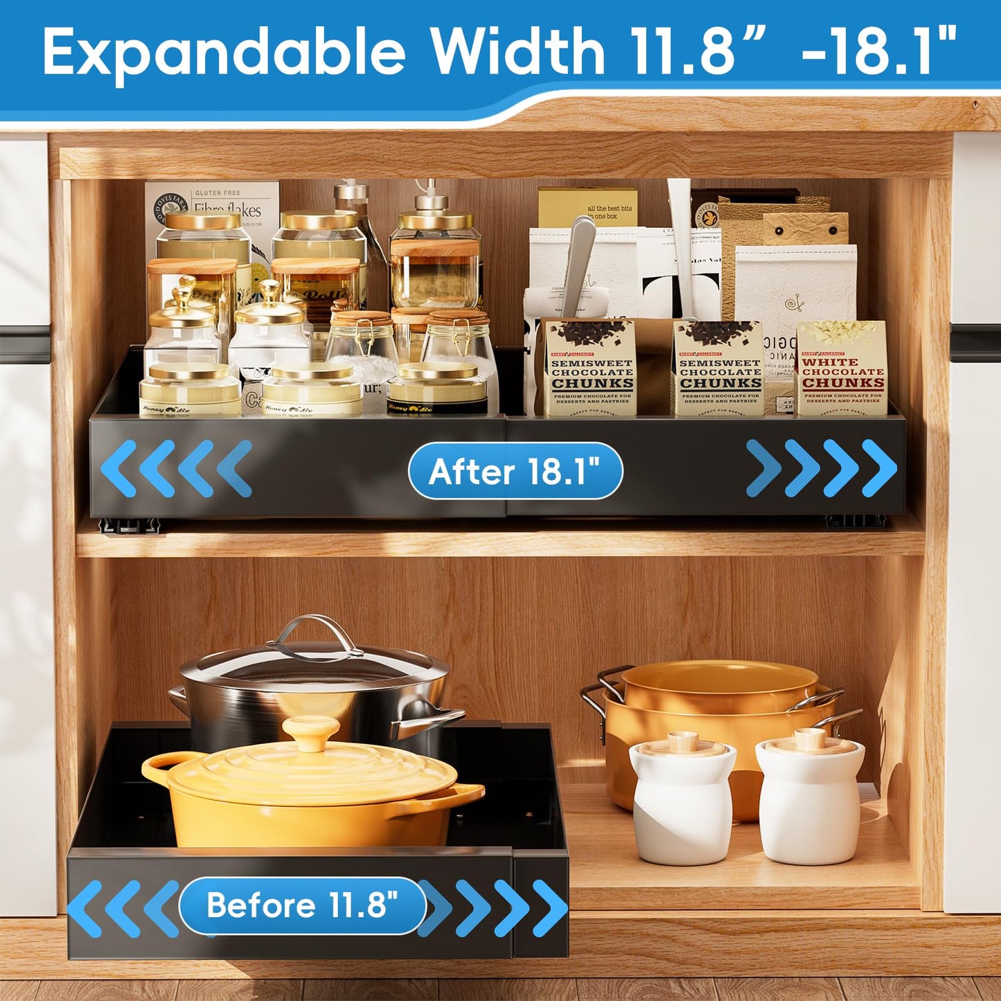 16.9" Deep Pull out Cabinet Organizer, Expandable (11.81" - 18"W) Slide Out Drawers with Updated Slide Guide, Storage Shelf for Kitchen Bathroom Cabinet