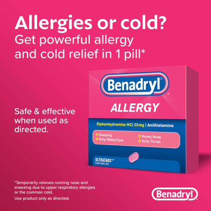 Benadryl Ultratabs Antihistamine Allergy Relief Medicine, Diphenhydramine HCl Tablets for Relief of Cold & Allergy Symptoms Such as Sneezing, Runny Nose, & Itchy Eyes & Throat, 100 ct