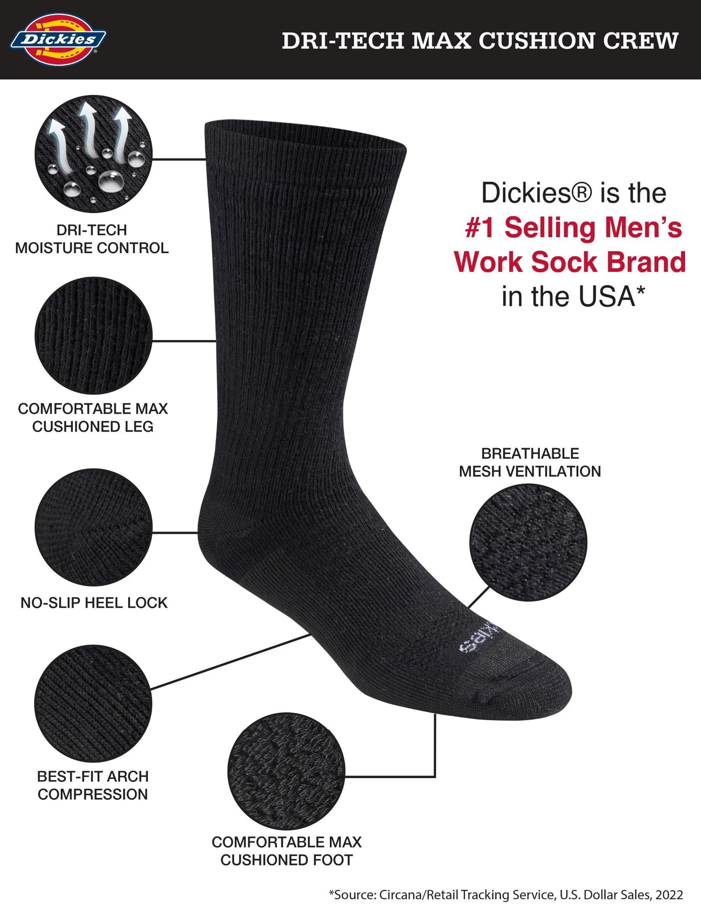 Dickies Moisture Control Crew Socks, 6 Pairs